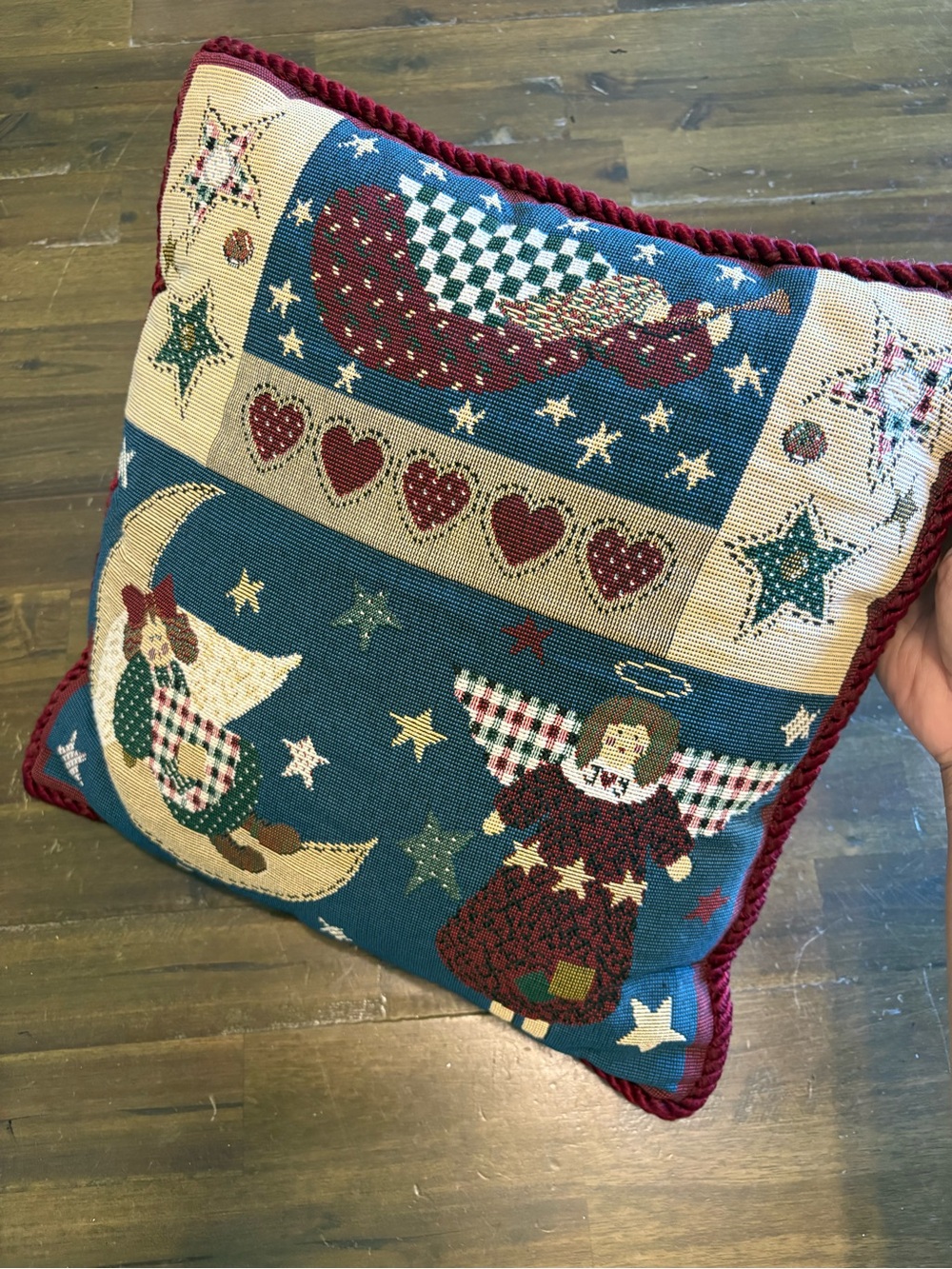 Vintage Folk Art Tapestry Throw Pillow Angels Celestial Braided Cord Trim Granny